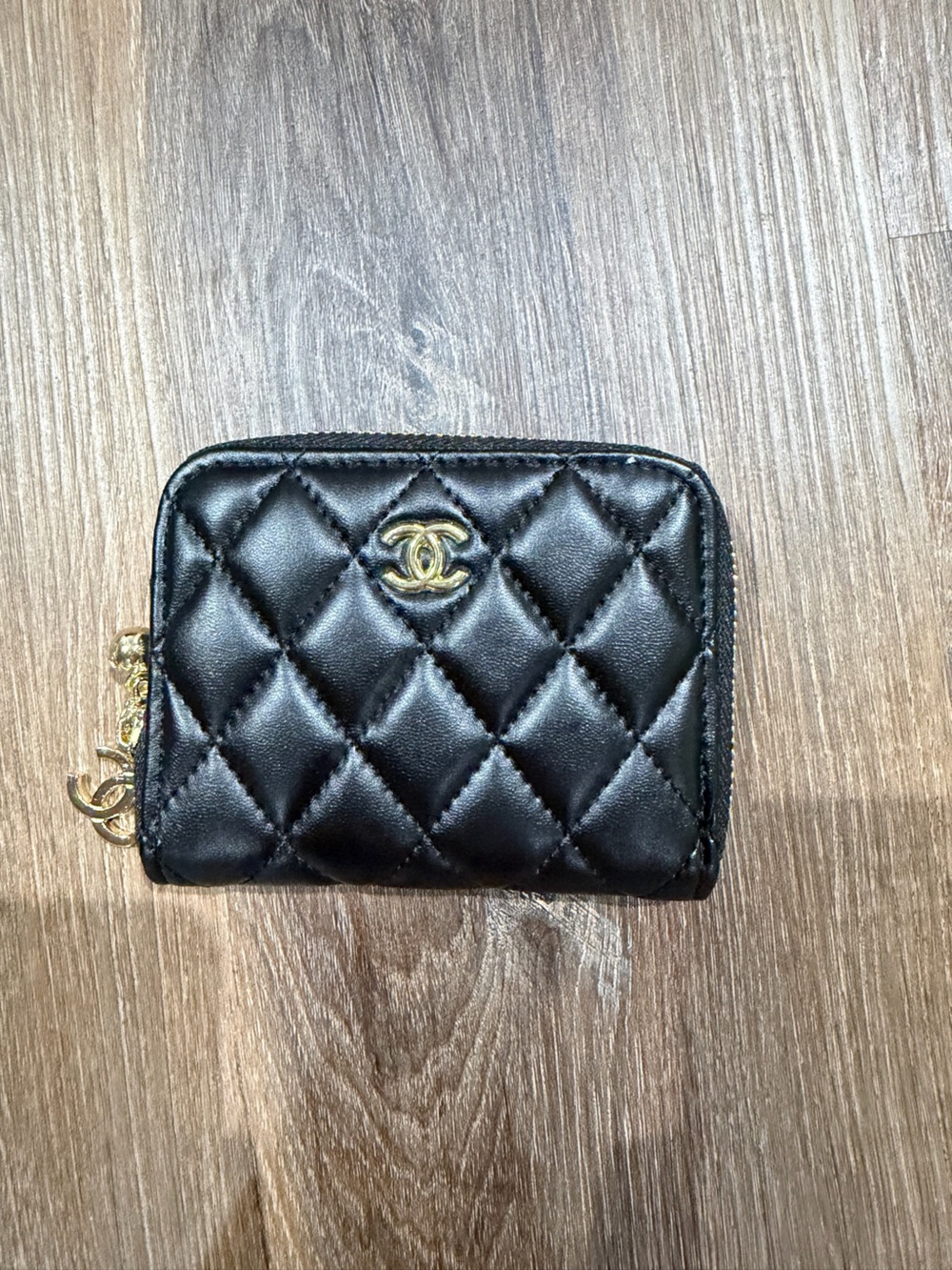 Quilted Black Leather Zip Card Wallet with Gold Logo